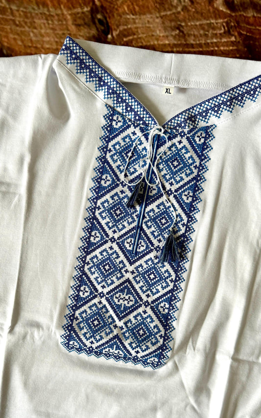 White Embroidered Ukrainian T-Shirt for Men with Blue Embroidery
