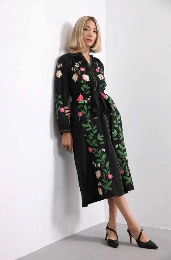 Radiant Black Summer Boho Resort Dress with Floral Embroidery
