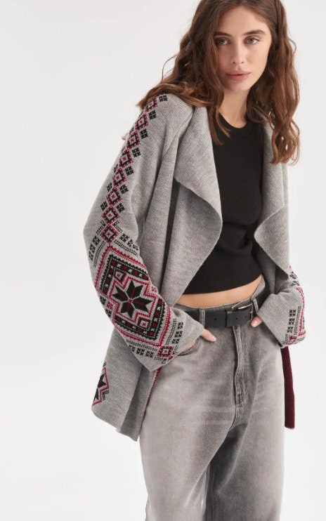 Geometric Cozy Cardigan Sweater with Traditional Ukrainian embroidery-inspired motifs