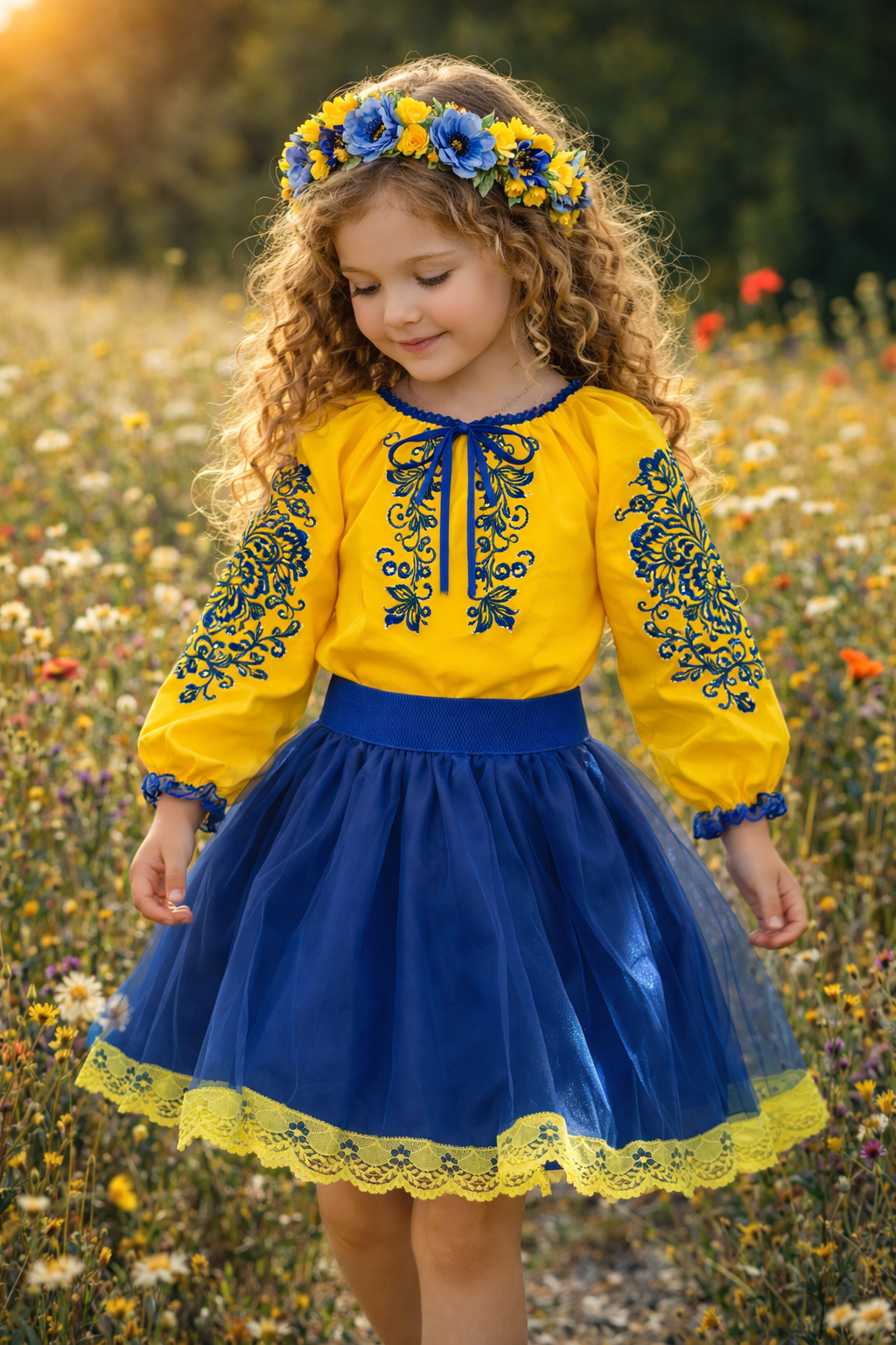National Traditional Ukrainian Folk Costume for Girls in Blue Yellow