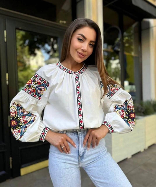 Bohemian Embroidered Oversize Summer Blouse with Rich Embroidery Folk Nouveau Blouse