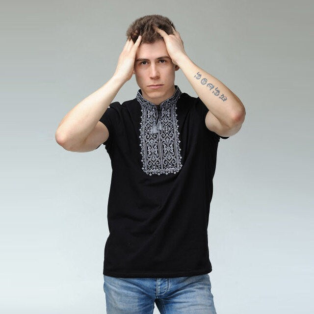Modern Black Ukrainian T-Shirt Vyshyvanka For Men With Silver Embroidery