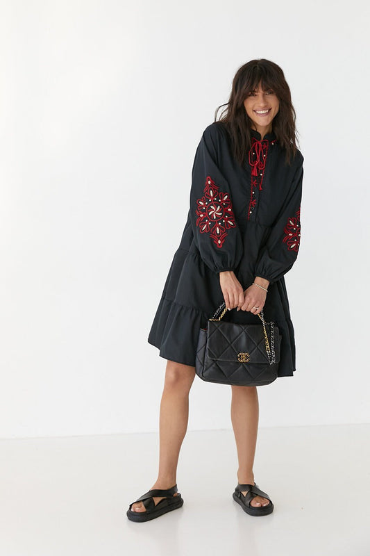 Black Boho Dress with Red Embroidery Effortless Elegance with a Bold Flair