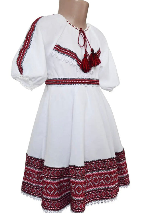 Traditional Ukrainian Short-Sleeve Embroidered Sumer Dress for Girls with Tulle Underskirt