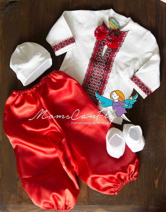 Adorable Little Red Baby Cossack Costume with Sharovary – Vyshyvanka Baptism Set