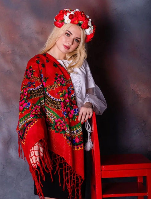 Large Classic Red Ukrainian Floral Slavic Shawl with Tassels
