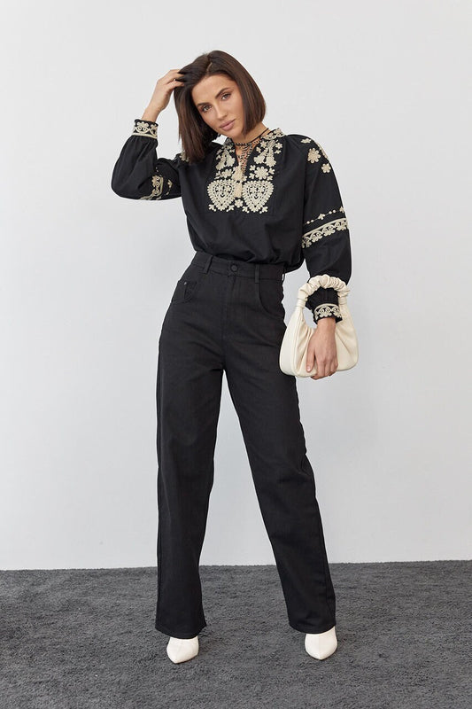 Elegant Black Bohemian Blouse with Gold Oriental Embroidery