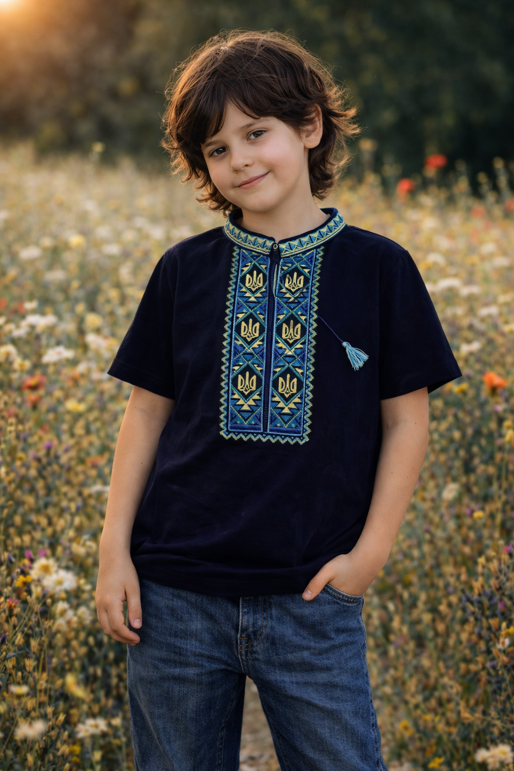 Ukrainian Blue Vyshyvanka T-Shirt for Boys with Tryzub Embroidery