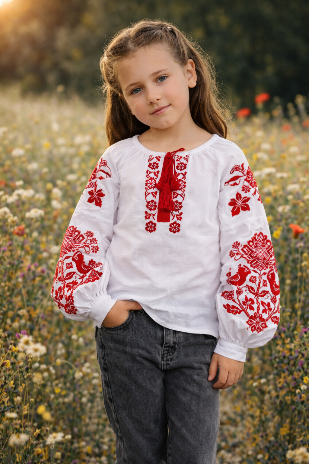 Modern Cotton Ukrainian Vyshyvanka Blouse for Girls with Red Embroidered Bird Motif