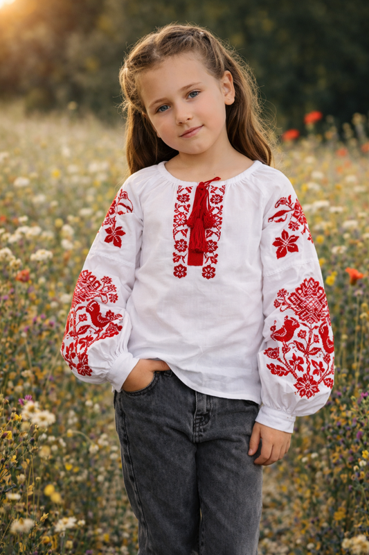 Modern Cotton Ukrainian Vyshyvanka Blouse for Girls with Red Embroidered Bird Motif