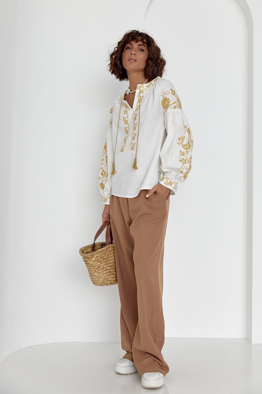 Beige Bohemian Style Embroidered Blouse for Women Ukrainian Vyshyvanka