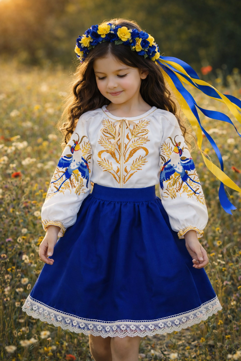 National Traditional Ukrainian Folk Costume for Girls in Blue Yellow