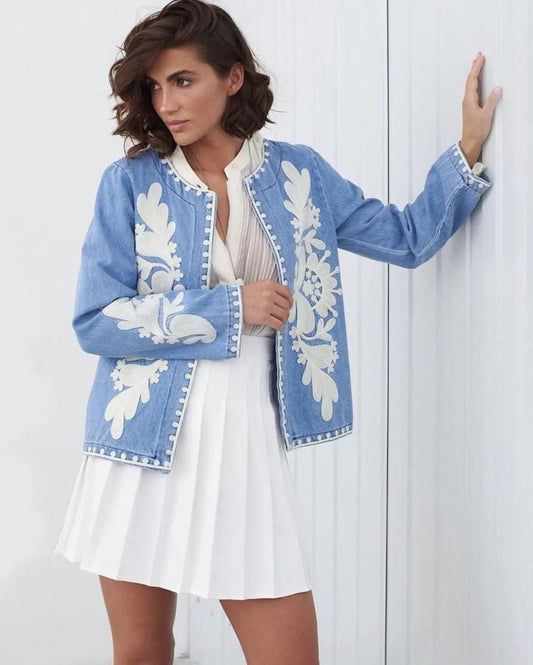 Embroidered Boho Denim Jacket for Women with Modern Embroidery