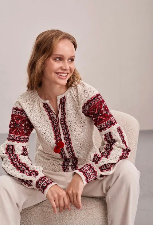 S-4XL Modern Knitted Ukrainian Blouse – Effortless Elegance Crochet Top with Red Embroidery