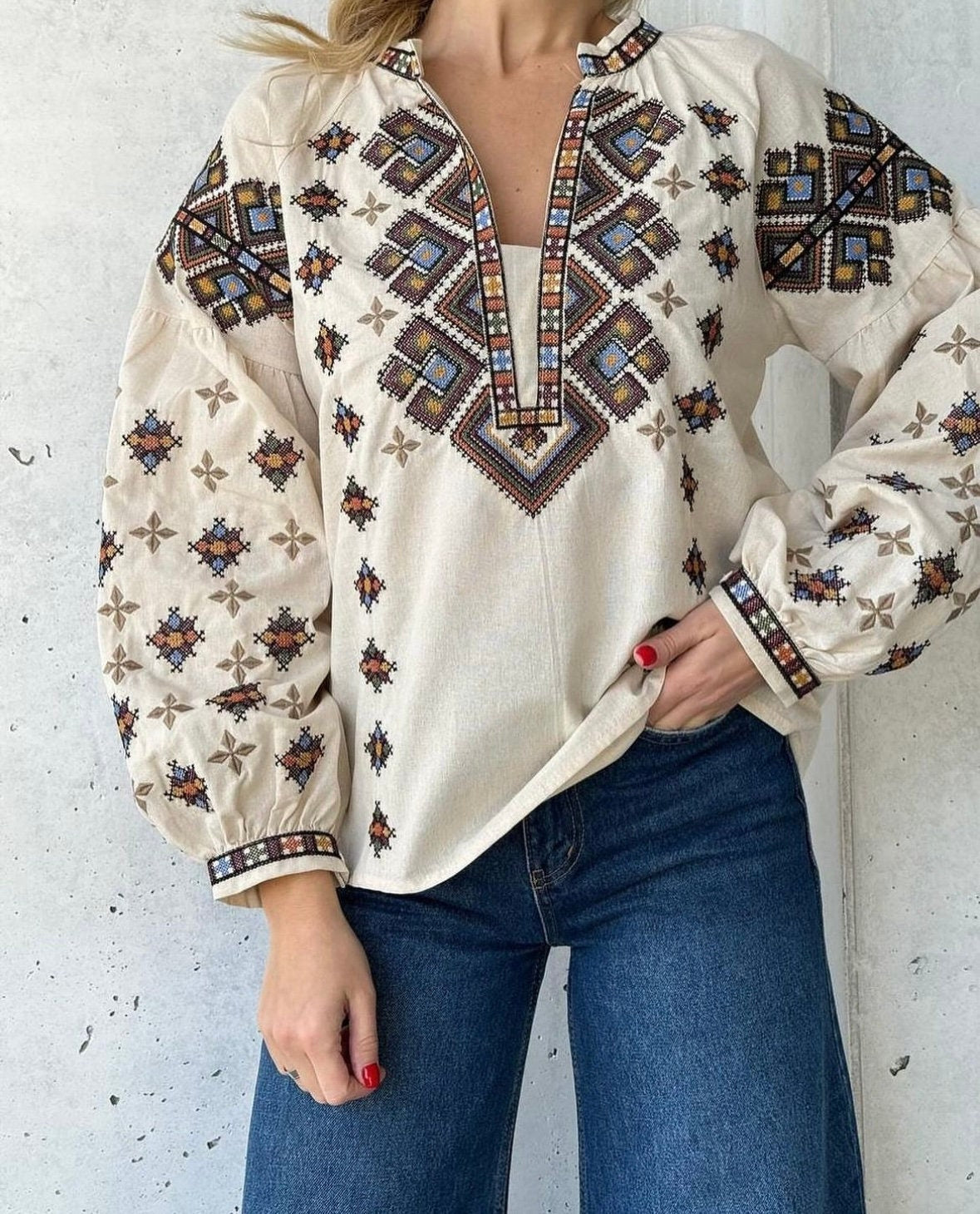 S-3XL Gorgeous Cream Boho Summer Resort-Style Folk Nouveau Vacation Blouse