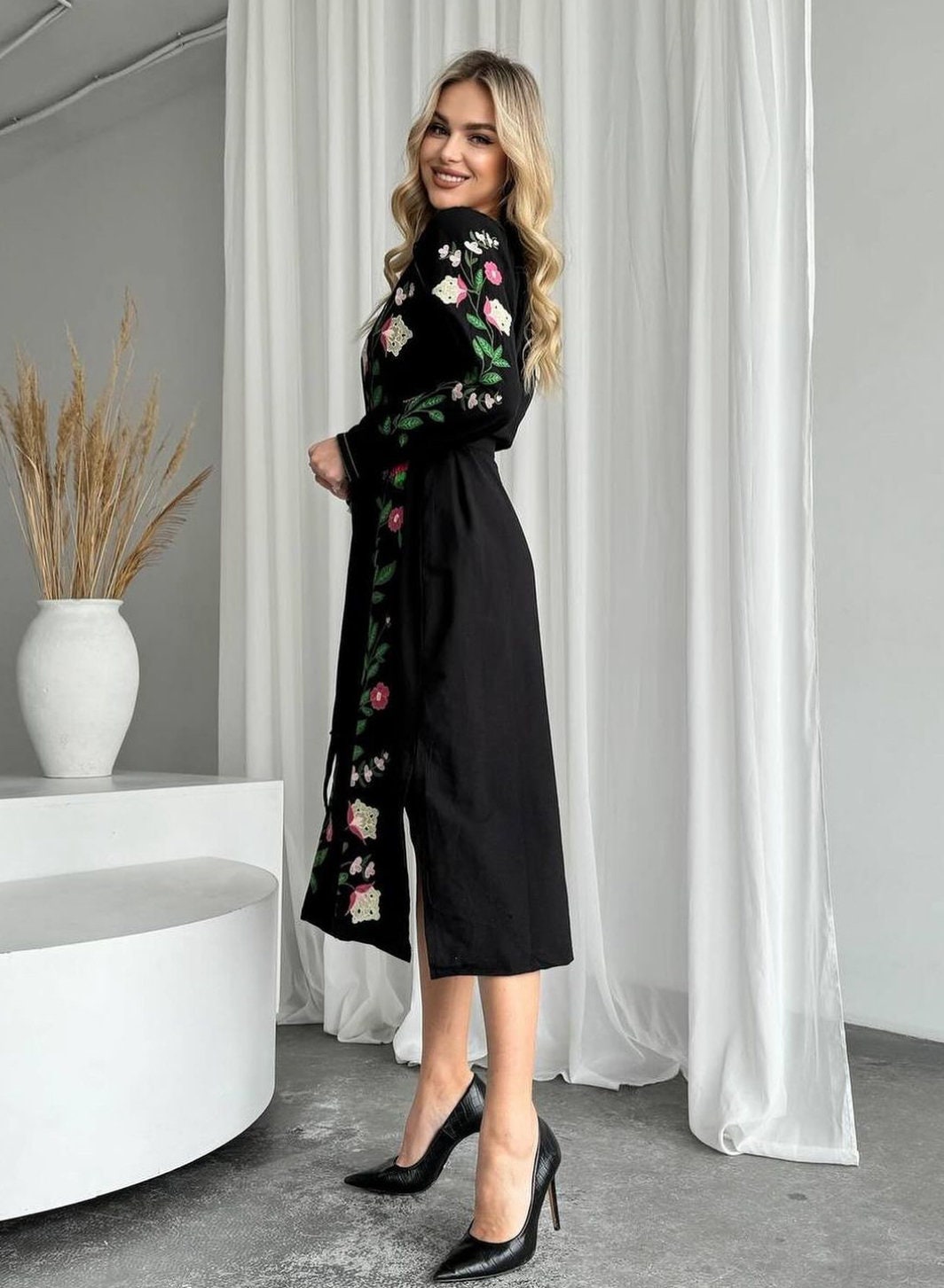 Radiant Black Summer Boho Resort Dress with Floral Embroidery