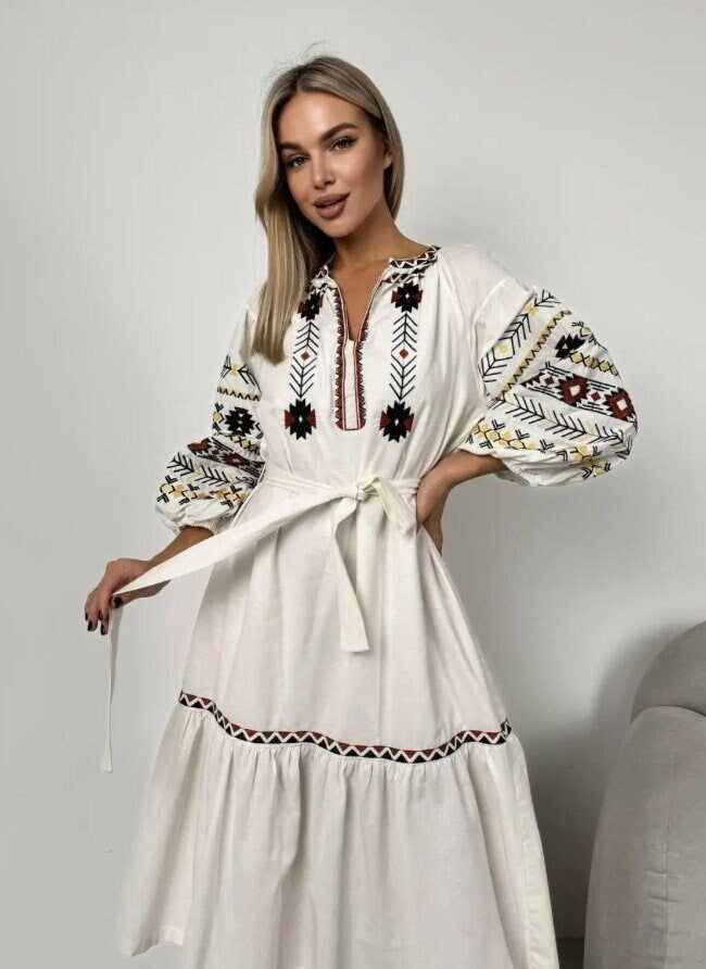 Summer Dress with Modern Geometric Embroidery Resort-Ready Elegance