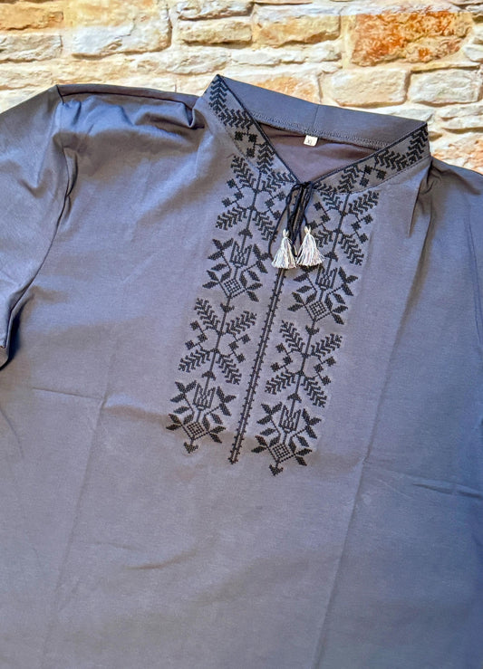 Elegant Aubergine Ukrainian T-Shirt for Men Tryzub Embroidery