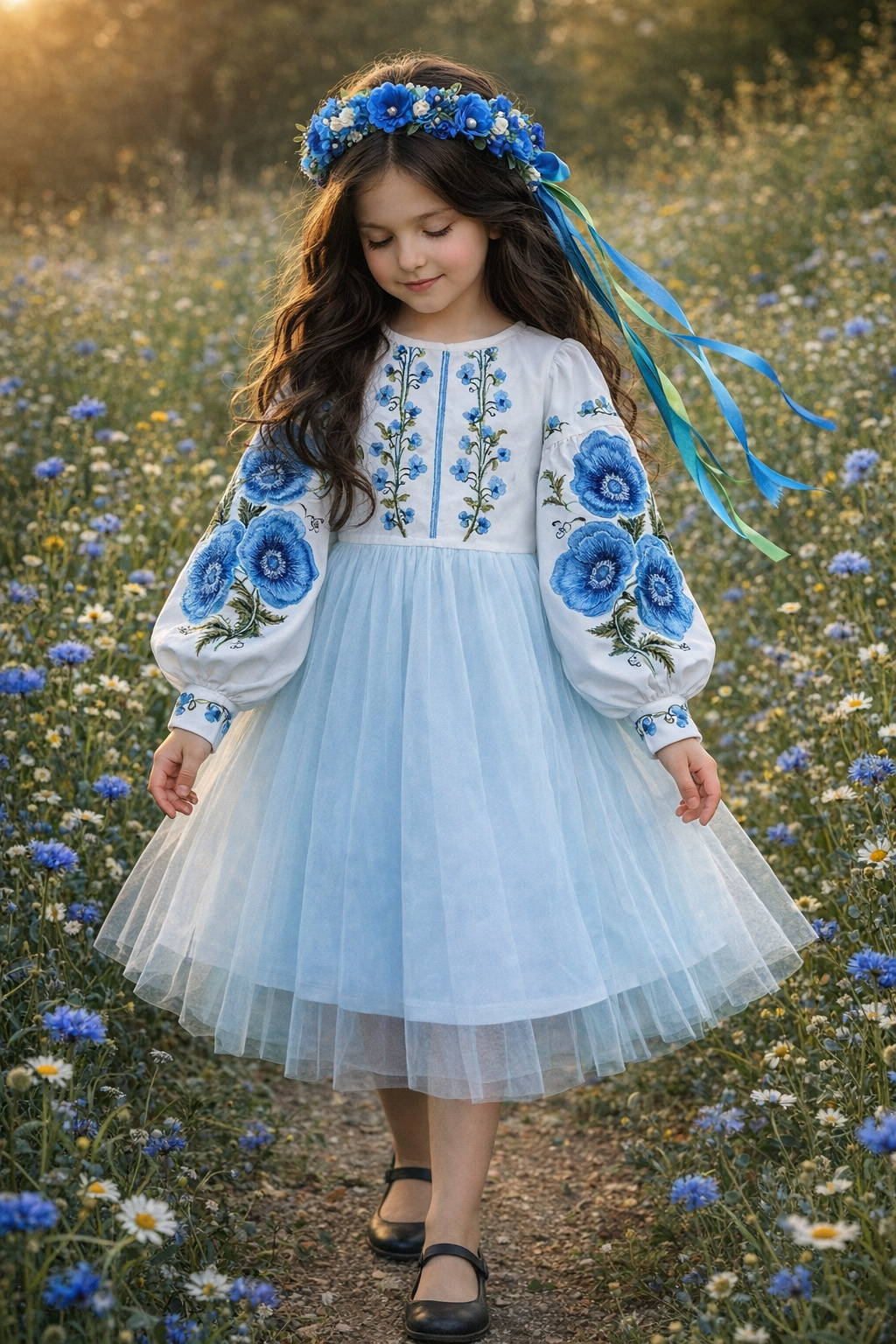 Beautiful Blue Ukrainian Vyshyvanka Dress for Girls