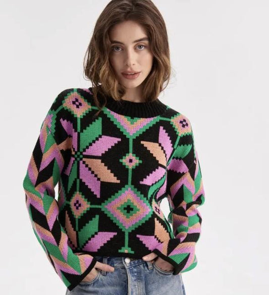 Artisitc Folklore Ornament Knit Oversized Sweater