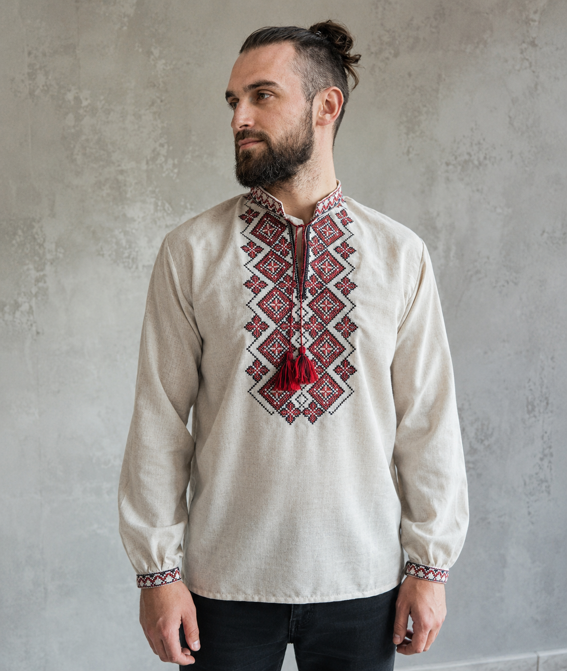 Timeless Ukrainian Linen Vyshyvanka Shirt for Men With Red Embroidery