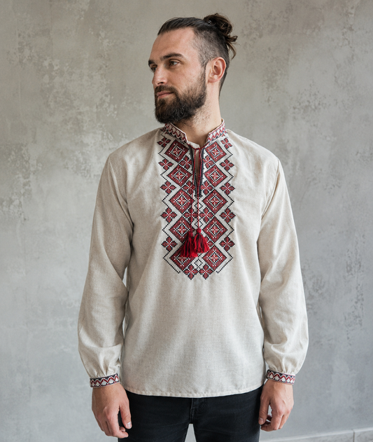 Timeless Ukrainian Linen Vyshyvanka Shirt for Men With Red Embroidery