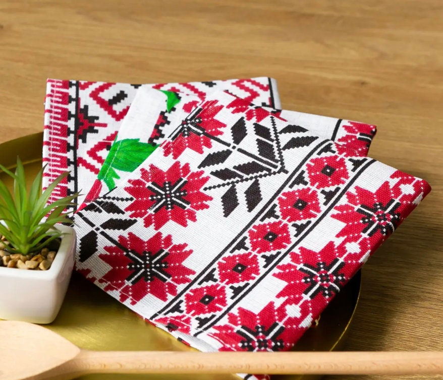Modern Ukrainian Table Napkins with Poppy Seed Flower Motif