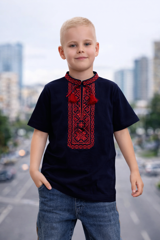 Striking Boys’ Vyshyvanka T-Shirt in Navy with Red Geometric Embroidery