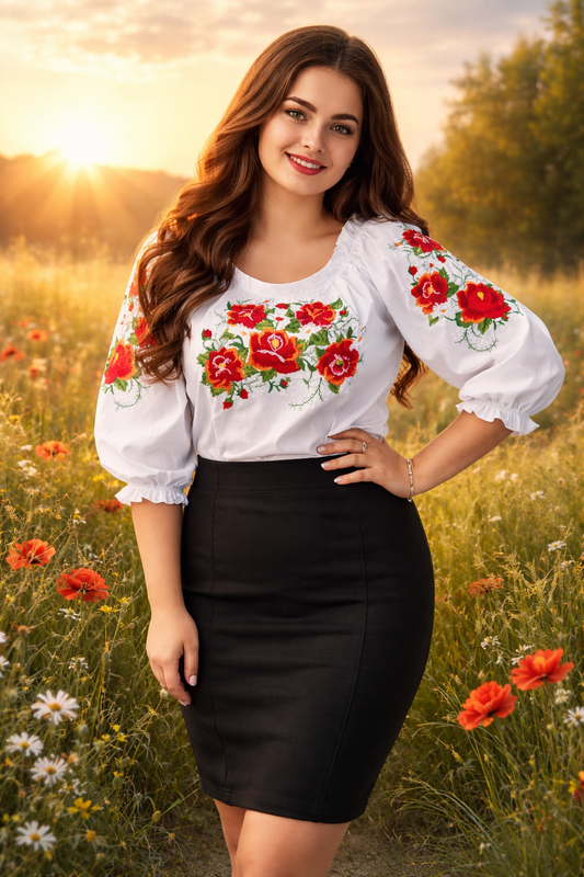 S-4XL White Ukrainian Embroidered Blouse with Bright Red Wildflowers