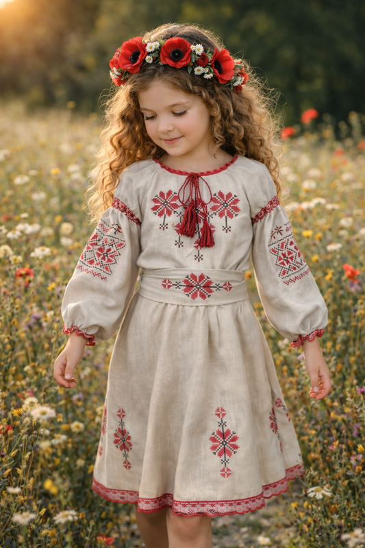Long-Sleeve Traditional Ukrainian Vyshyvanka Dress with Red Embroidery