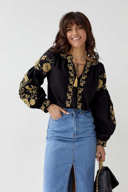 Black Bohemian Style Embroidered Blouse for Women Ukrainian Vyshyvanka