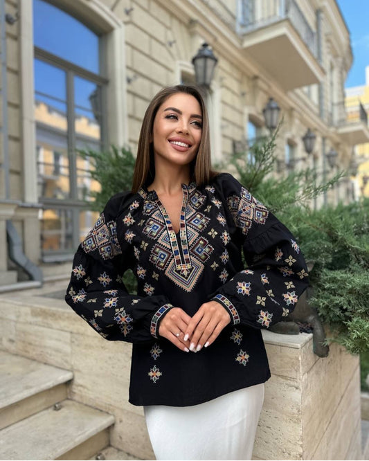 S-3XL Gorgeous Black Boho Summer Blouse with Geometric Embroidery