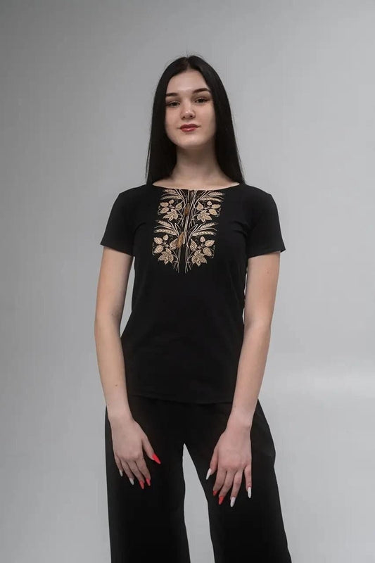 S-3XL Black Vyshyvanka T-Shirt with Golden Rye Embroidery