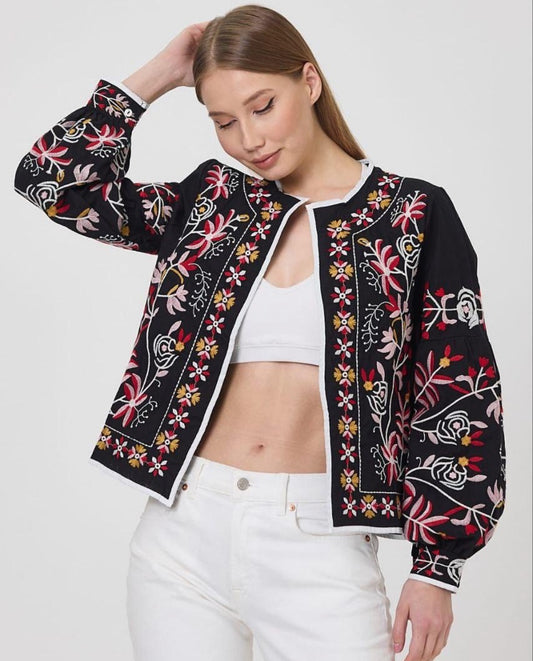 High Quality Black Crop Top Boho Summer Embroidered Floral Jacket for Women