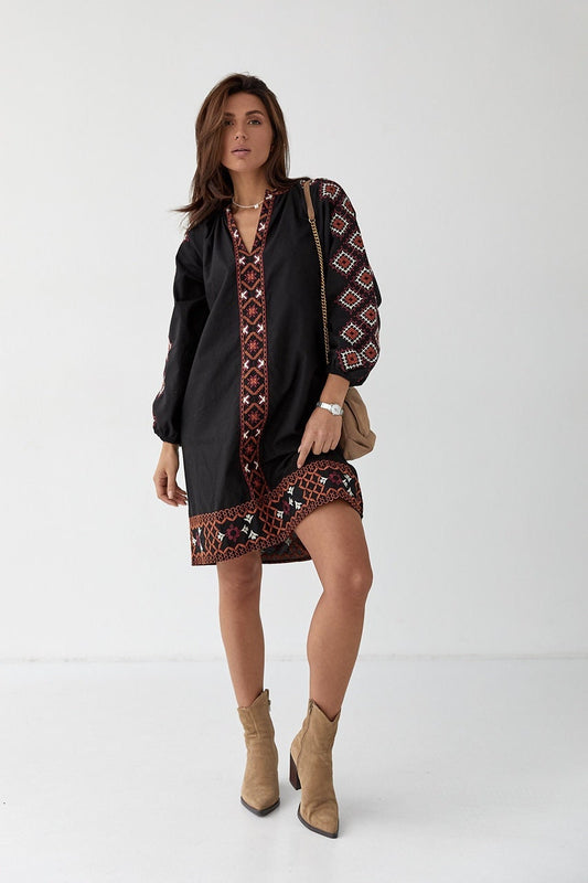 Classy Black Summer Folk Nouveau Dress with Red Embroidery