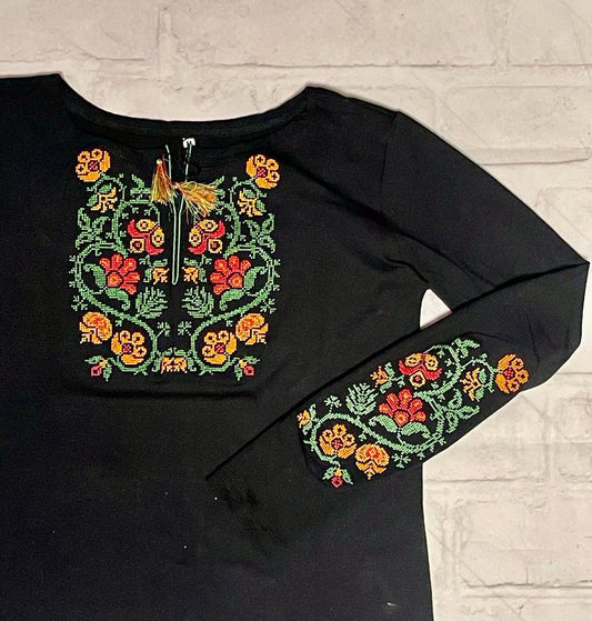 Traditional Black Ukrainian Long Sleeve Blouse with Colorful Floral Embroidery