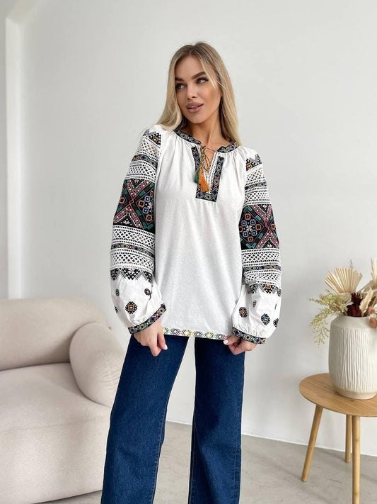 S-3XL Blouse with Rich Ukrainian Embroidery and Crochet Inserts