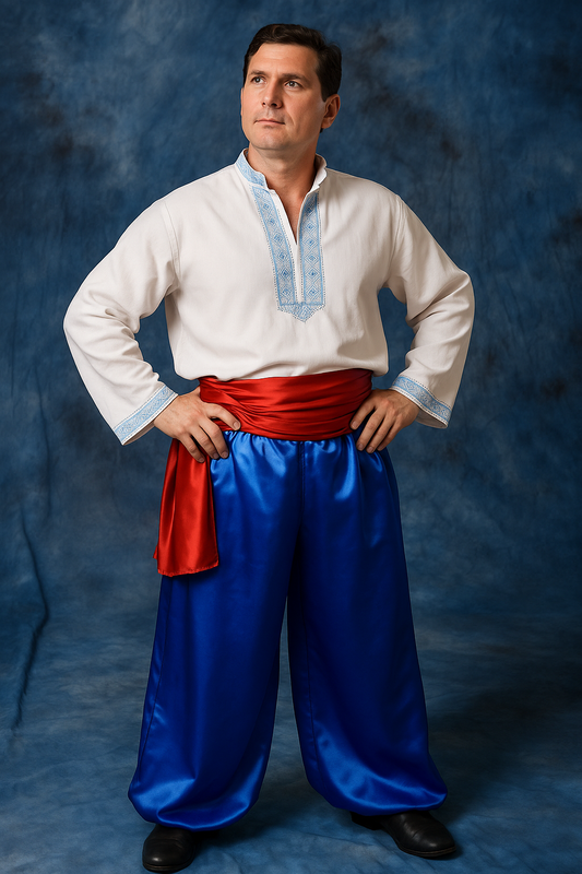 Blue Adult Folk Ukrainian Cossac Costume for Men with Sharovary Belt and Shirt