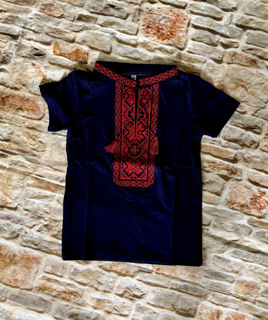 2-13YO Striking Boys’ Vyshyvanka T-Shirt in Navy with Red Geometric Embroidery