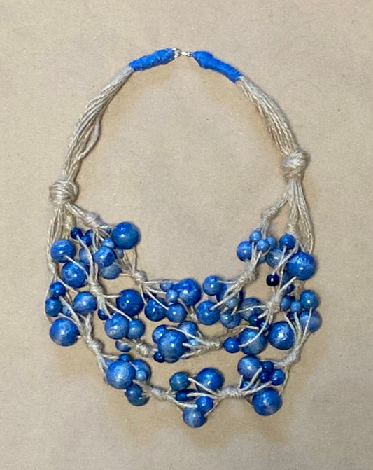 Blue Ukrainian Namisto Necklace  Wooden Neck Jewellery