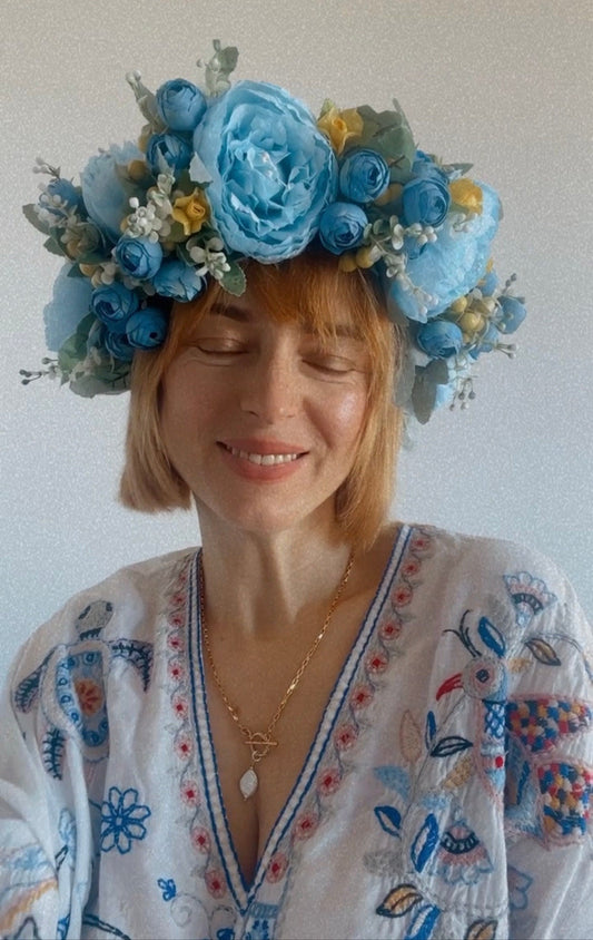 Blue and Yellow Luxury Floral Crown Boho-Chic Statement for Summer Festivals and Special Occasions