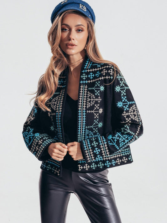 Folk Art-Inspired Jacket – Turquoise & Cream Geometry in a Boho Spirit