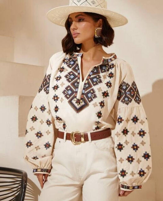 S-3XL Gorgeous Cream Boho Summer Resort-Style Folk Nouveau Vacation Blouse