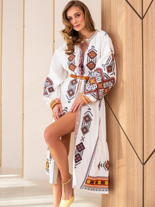 Boho White Embroidered Maxi Dress with Geometric Patterns