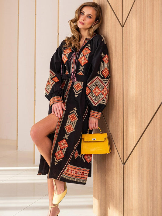 Embroidered Maxi Ukrainian Folk-Inspired Long Sleeve Dress with Geometric Patterns