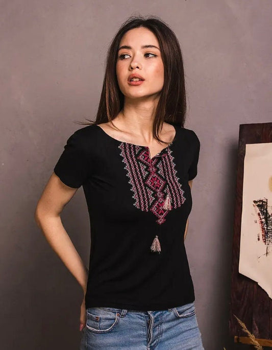 S-3XL Bold Boho Ukrainian T-Shirt for Women with Red Geometric Embroidery
