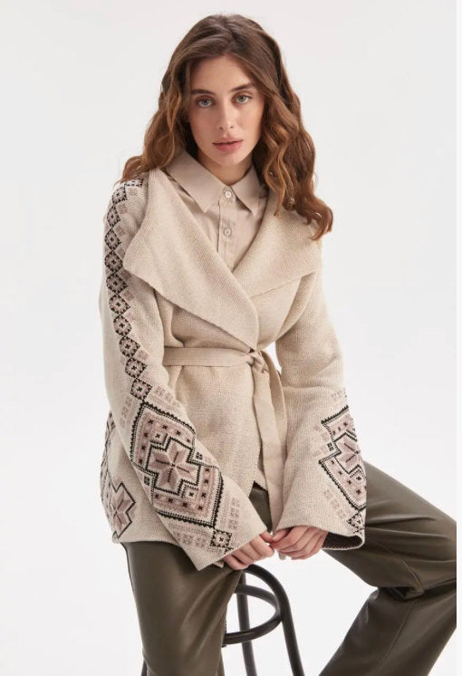 Geometric Cozy Cardigan Sweater with Traditional Ukrainian embroidery-inspired motifs