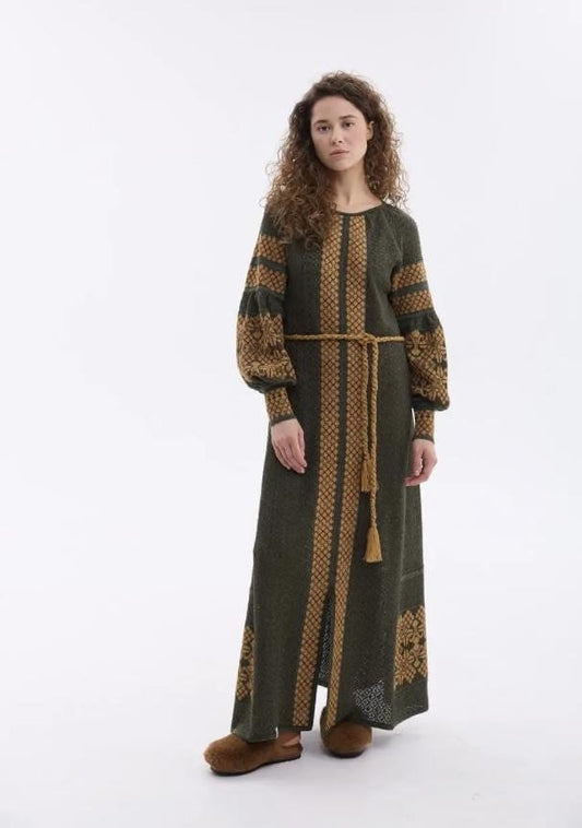 Ultra-stylish Long Summer Linen Crochet Vyshyvanka Dress In Olive Color