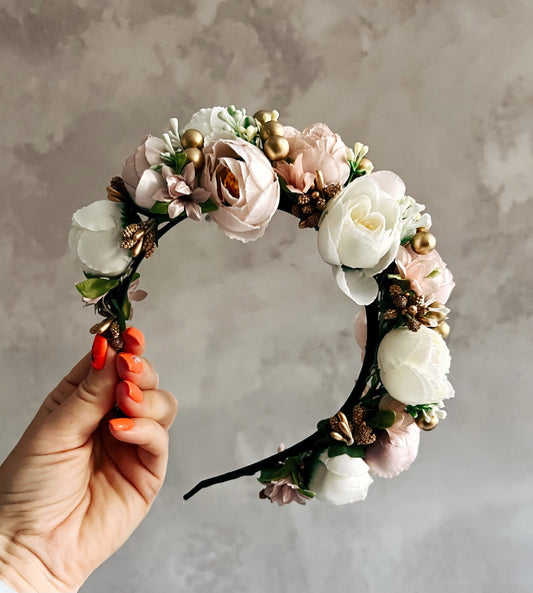 Luxury Elegant Dusty Pink Floral Crown Romantic Accents in Gold Pink and White
