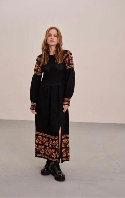 Elegant Long Linen Black Knitted Summer Dress French Chic Style